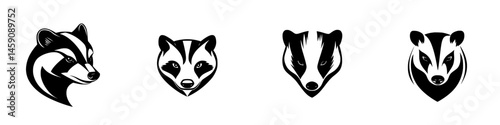 Stylized black icon set featuring multiple badger designs in various expressions and head orientations