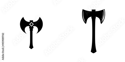 Flat black icon representing a double-bladed axe and a single-blade axe suitable for various applications