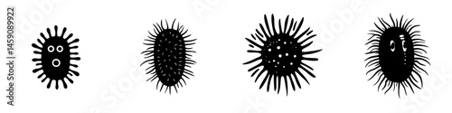 Collection of flat black icons representing various stylized microorganisms in a minimalist design