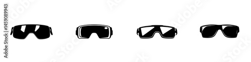 Modern flat black icon set representing different styles of sunglasses for summer fashion and outdoor activities