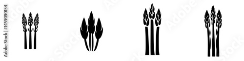 Various styles of flat black asparagus icons depicting different arrangements and shapes