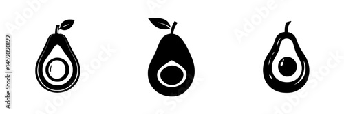Flat black icons representing avocado with various designs showcasing simplicity and modern graphic style