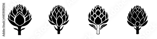 Four flat black artichoke icons arranged in a row, showcasing graphic design for culinary or agricultural themes