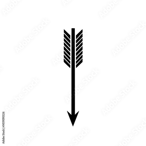 Stylized flat black arrow icon with feathered fletching designed for digital graphics and user interfaces