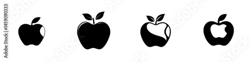 Four variations of a flat black apple icon design showcasing different styles and shapes in a minimalist approach