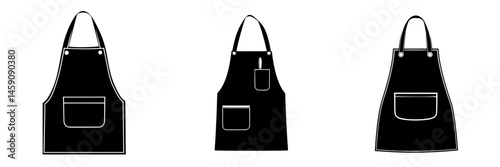 Flat black icons of aprons showcasing different styles and designs for culinary and artistic activities