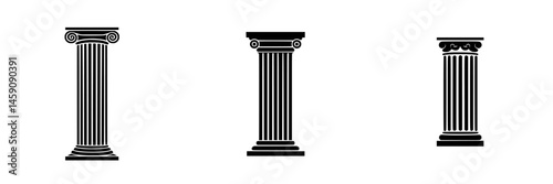 Three flat black icon representations of classical columns used in ancient architecture showcasing various styles and designs