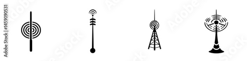 Flat black icons representing various types of communication towers and antennas in a minimalist style