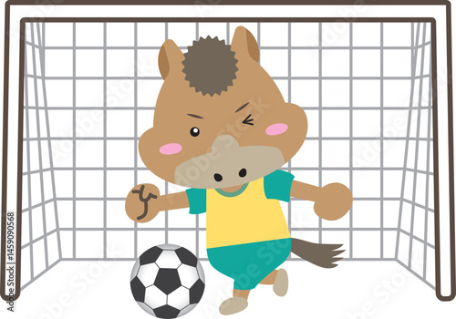 【午年の守護神ストライカー】アクロバティックにボールを蹴るサッカー馬のイラスト｜干支・スポーツ・キャラクター素材