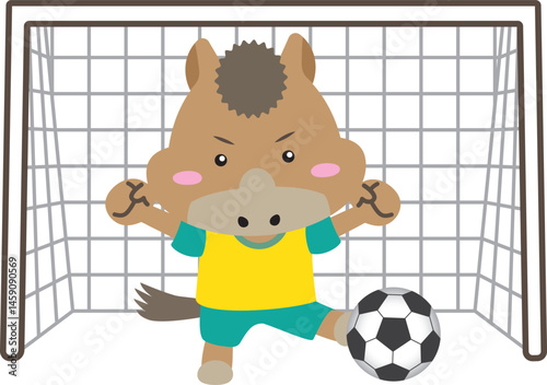 【午年の守護神ストライカー】アクロバティックにボールを蹴るサッカー馬のイラスト｜干支・スポーツ・キャラクター素材