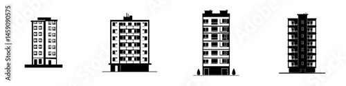 Flat black icons representing different styles of residential buildings in a minimalist design suitable for various applications