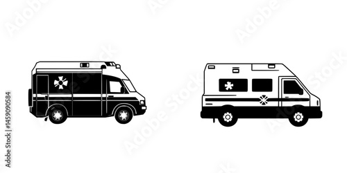 Black icons representing emergency ambulances designed for healthcare and medical response purposes in a minimalistic style