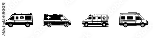 Black flat icons of different ambulance vehicles suitable for health and emergency service graphics