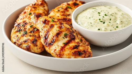 Grilled chicken breasts served with a creamy herb dipping sauce in a shallow white bowl, perfect for a delicious and healthy meal.