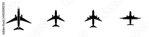 Diverse flat black icons of airplanes showcasing various perspectives and designs suitable for aviation-related themes and illustrations