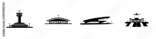 Black icons representing various airport structures including control towers and terminals in a simplistic flat design style