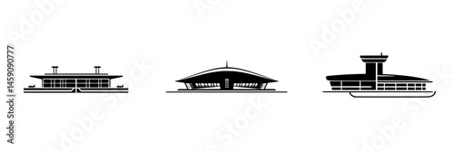 Flat black icons representing various transportation terminals including a ferry terminal and airport