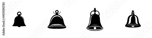 Collection of flat black bell icons illustrating various bell designs for decorative and functional purposes