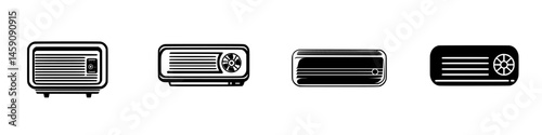 Black icons representing different types of air conditioning units in a flat design style suitable for digital use
