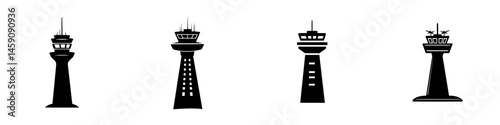 Various flat black icons representing air traffic control towers in minimalistic design