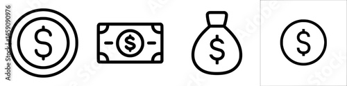 Collection of flat black icons representing various forms of currency and money management concepts