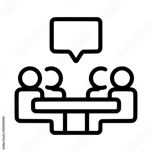 Discussion taking place at a round table among four people with a dialog bubble above