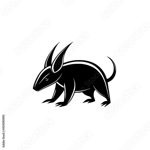 Flat black icon of a stylized animal with long ears and horns positioned in a walking stance on a plain background
