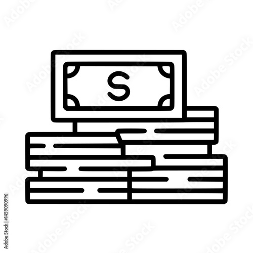 Flat black icon of stacked cash with a dollar bill on top representing finance and wealth in a minimalist design