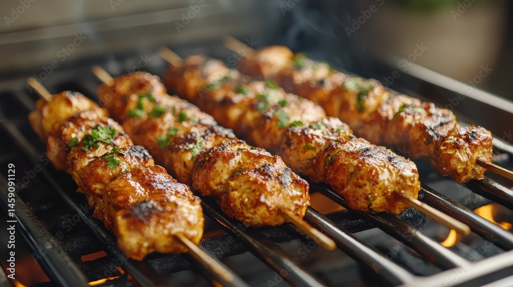 Juicy meat skewers grilling over an open flame, garnished with herbs for a delicious barbecue meal. Juicy meat skewers grilling over an open flame, garnished with herbs for a delicious barbecue meal.