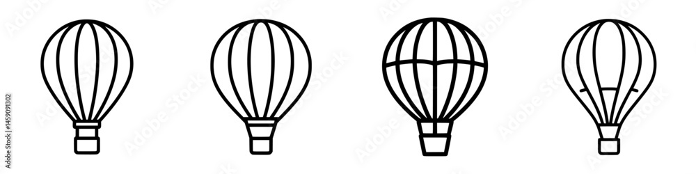 Obraz premium Illustrative flat black icons representing hot air balloons in different orientations and designs for graphic use