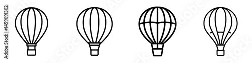 Illustrative flat black icons representing hot air balloons in different orientations and designs for graphic use