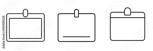 Set of flat black identification card icons representing various designs for badges and name tags suitable for diverse purposes