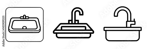 Flat black icons representing various sink designs suitable for modern kitchen and bathroom applications