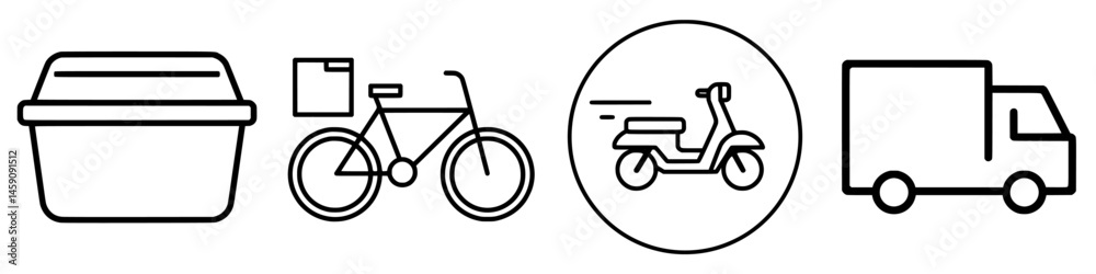 Flat black icons representing various transportation modes and a container suitable for delivery purposes Flat black icons representing various transportation modes and a container suitable for delivery purposes