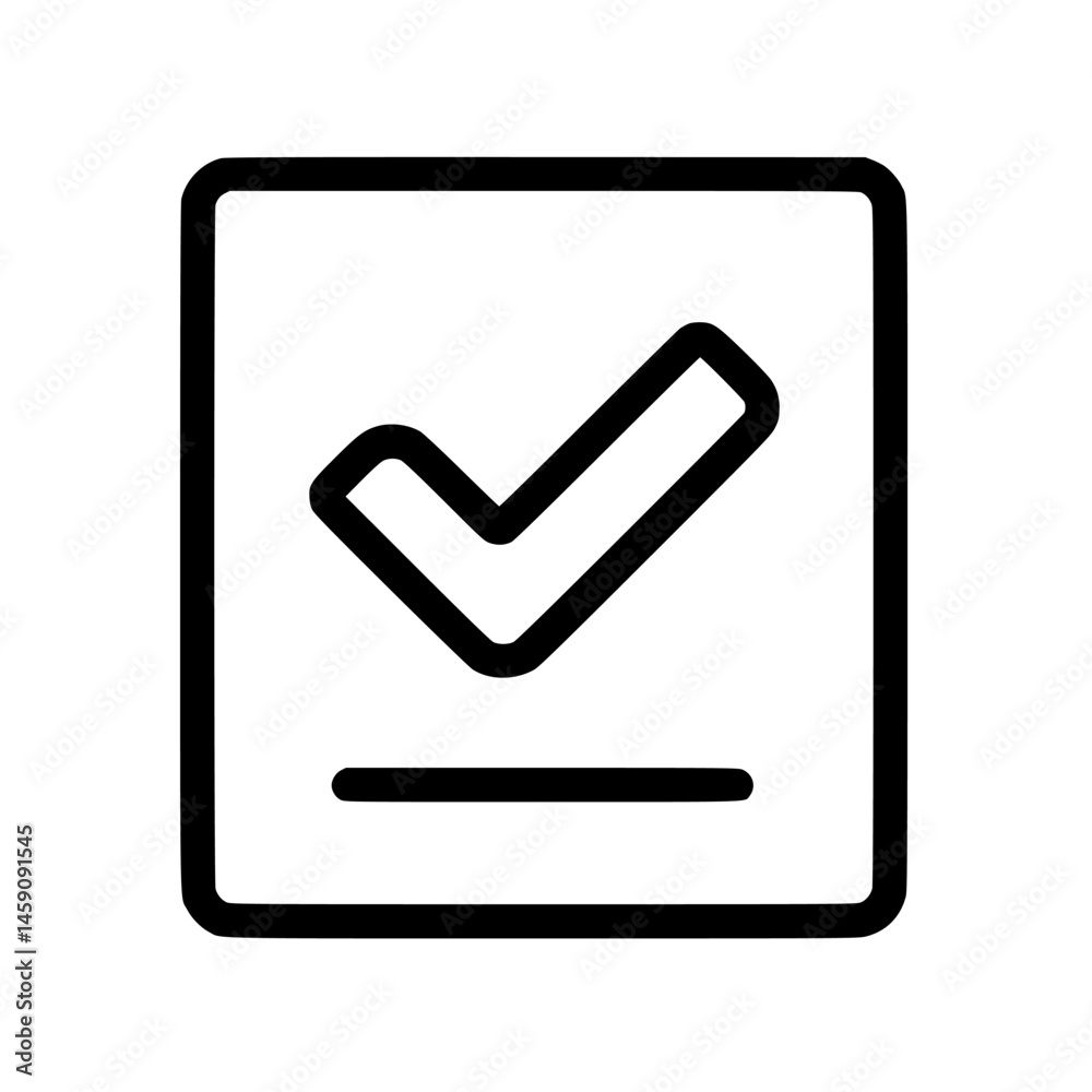 Flat black checkmark icon representing completion or verification on a simple square background Flat black checkmark icon representing completion or verification on a simple square background