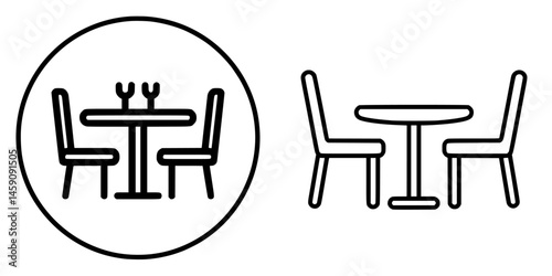 Icon representing a dining table arrangement with chairs suitable for various settings like restaurants or home dining
