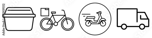 Flat black icons representing various transportation modes and a container suitable for delivery purposes