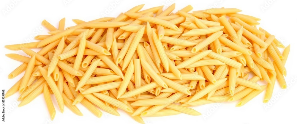Fototapeta premium A large pile of dried mezze penne rigate pasta on a white background, mezze penne, dried pasta