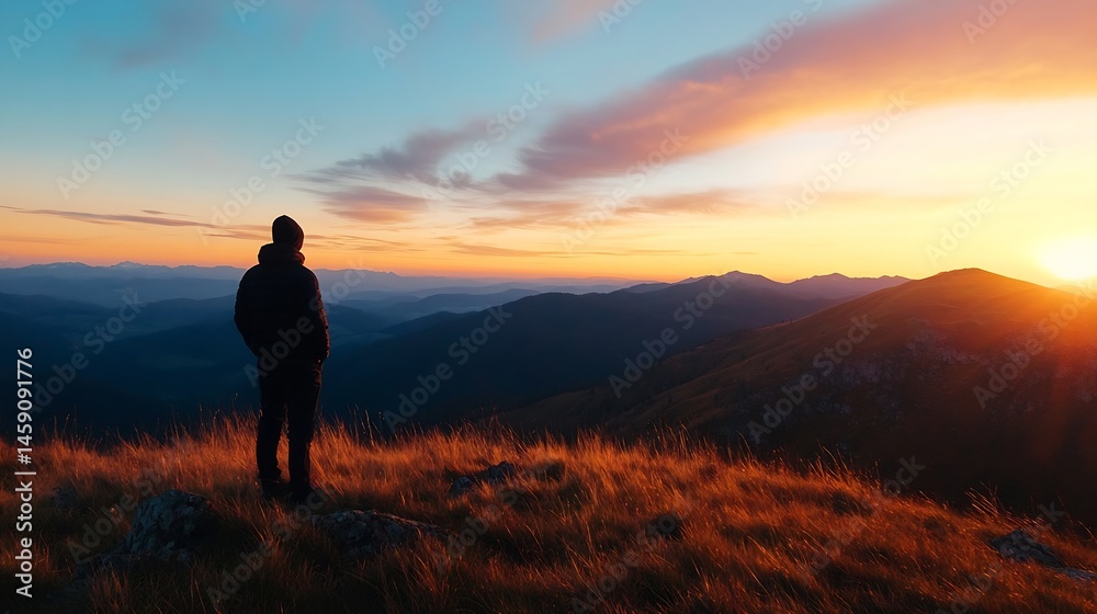 Silhouette of a lone hiker gazing at a breathtaking sunset over a majestic mountain range, bathed in warm, golden light, a serene and peaceful scene. : Generative AI Silhouette of a lone hiker gazing at a breathtaking sunset over a majestic mountain range, bathed in warm, golden light, a serene and peaceful scene. : Generative AI