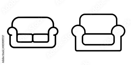 Flat black icon representing two styles of sofa designs for interior decor and furniture representation