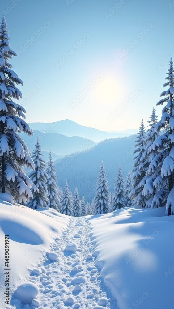 A snowy trail on a mountain with evergreen trees and a bright sun in the sky A snowy trail on a mountain with evergreen trees and a bright sun in the sky