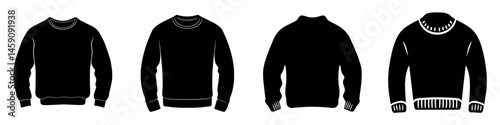 Collection of flat black sweatshirt icons showcasing different styles and designs for graphic representation