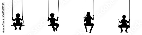 Silhouettes of children enjoying swings in a playground during a sunny day