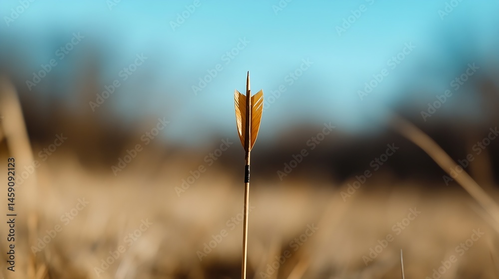 Obraz premium Single arrow with wooden shaft and brown feathers stands upright in a blurry field, under a light blue sky; a concept of accuracy, focus, and determination. : Generative AI