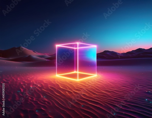A neon cube glows vibrantly in a desert landscape under a twilight sky