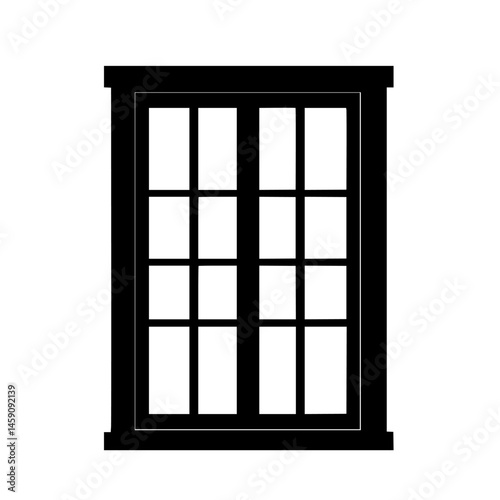 Flat black icon representing a window design featuring multiple panes in a rectangular shape suitable for various applications