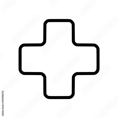 Flat black medical cross icon symbolizing health and wellness in a minimalist design format
