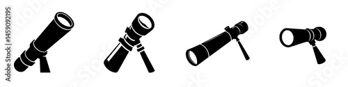 Various flat black telescope icons showcasing different designs and orientations for use in educational or decorative contexts