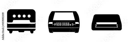 Flat black icons of various vintage machines showcasing classic design elements without any brand associations