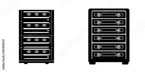 Flat black icon depicting a stack of storage drawers showing varying designs and details suitable for digital or print use